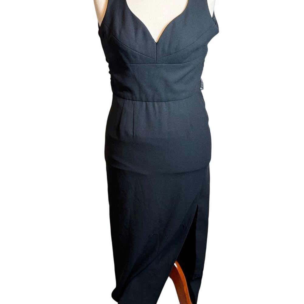 Gillian black formal dress long deep open neckline &  bow at back and slit Sz 10